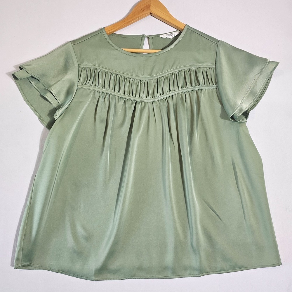 Candace Cameron Bure Yoke Top Women's L Sage Green Ruffle Flutter Cottagecore